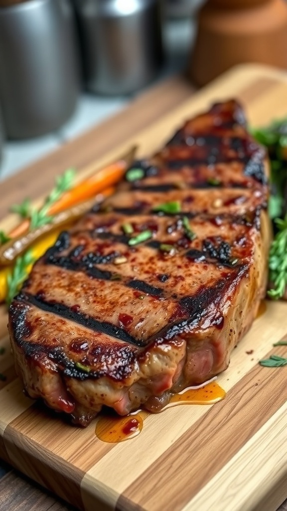 A juicy Delmonico steak with grill marks, garnished with herbs, on a cutting board with roasted vegetables.